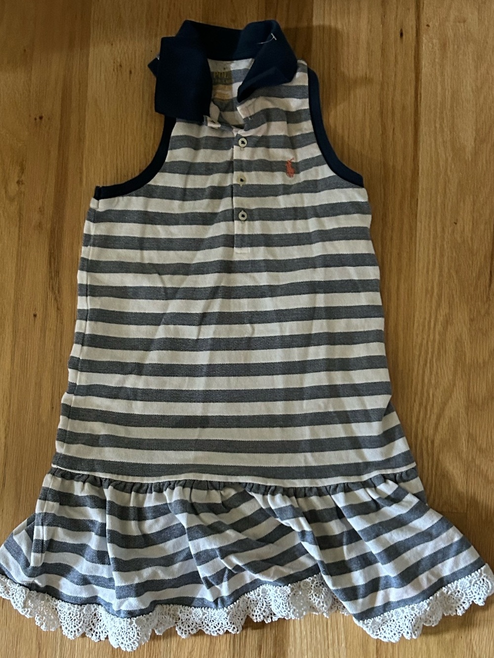 Polo by Ralph Lauren Navy and White Striped Sleeveless Polo Dress with Lace Trim
